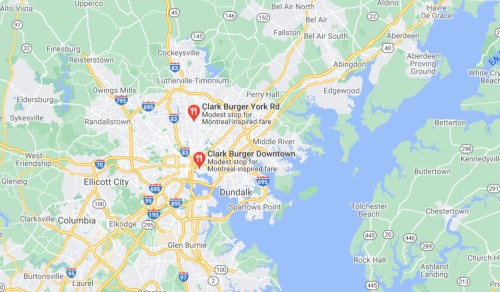 Map showing locations of Clark Burger in York Road and Downtown, near Baltimore, Maryland.