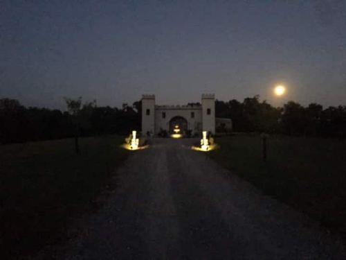 A dimly lit driveway leads to a castle-like entrance under a full moon, surrounded by trees.