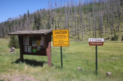 Trailhead sign at K P Cienega with caution notice about fire damage and trail conditions, surrounded by green grass and trees.