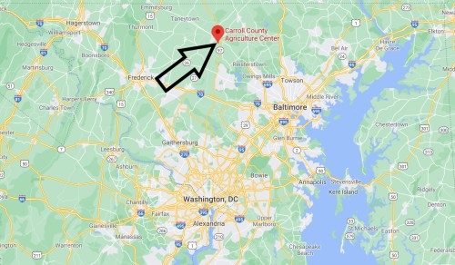 Map highlighting the location of Carroll County Agriculture Center in Maryland, near Baltimore and Washington, D.C.