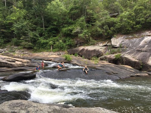 Four people play and explore on rocky riverbanks surrounded by lush greenery and flowing water.