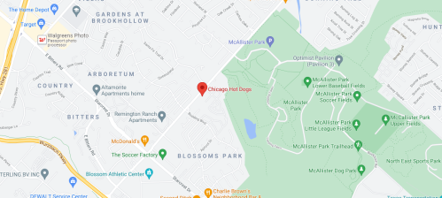 Map showing the location of "Chicago Hot Dogs" near Blossoms Park and McAllister Park in Chicago.