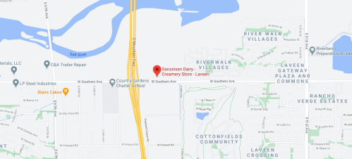 Map showing Dantziessen Dairy-Creamery Store location near Southern Avenue and S Mountain Parkway in Laveen.