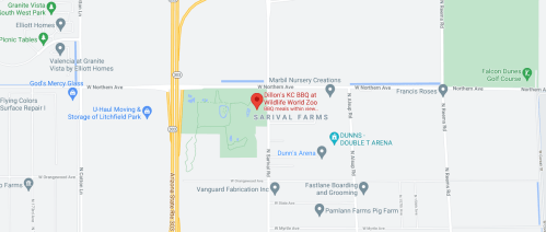 Map showing the location of Sarival Farms, nearby attractions, and roads in the area.