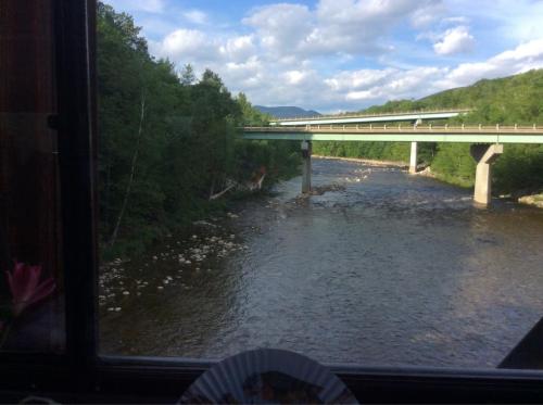 View from a window overlooking a river, with a bridge crossing above and lush greenery on both sides.