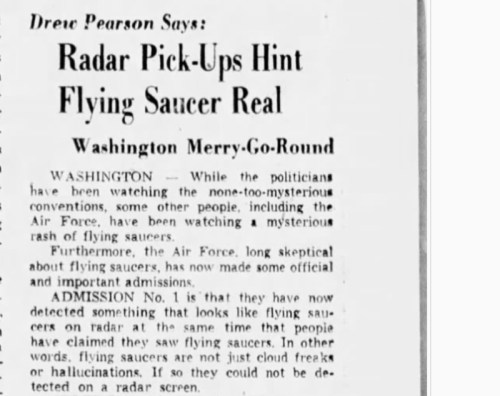 Article titled "Radar Pick-Ups Hint Flying Saucer Real" discusses Air Force findings on UFO sightings and public skepticism.