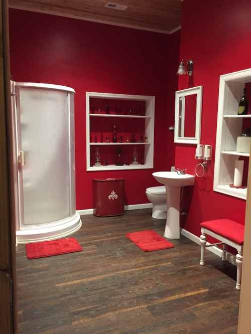 A modern bathroom with red walls, a shower, sink, and decorative shelves, featuring red rugs and wooden flooring.