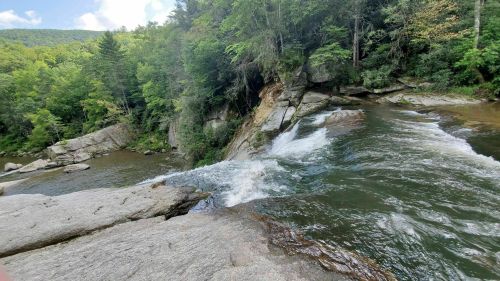A serene waterfall cascades over rocks, surrounded by lush green trees and a clear blue sky.
