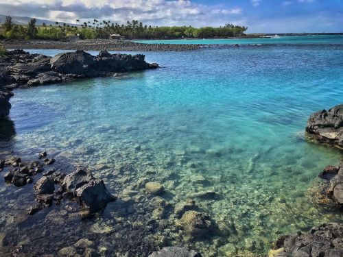 Clear turquoise water with rocky shores and lush greenery in the background under a bright blue sky.