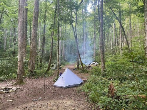 A campsite in a lush forest with a white tent, surrounded by tall trees and a faint trail of smoke in the background.