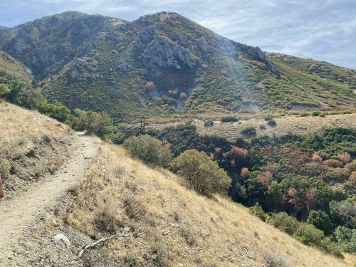 A winding dirt path leads through a hilly landscape with colorful autumn foliage and rocky terrain.