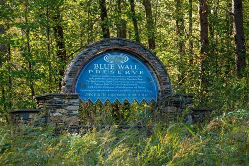 Sign for Blue Wall Preserve surrounded by lush greenery, indicating it's open for public enjoyment.