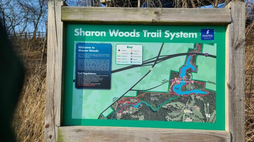 Map of Sharon Woods Trail System, featuring trails, key, and park information.