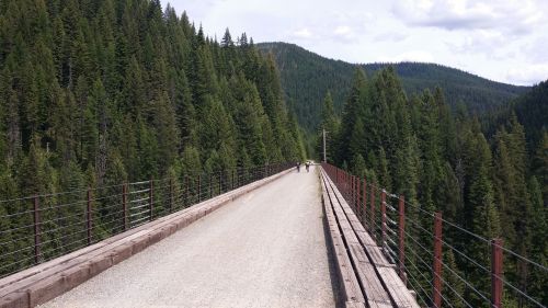 A gravel path on a bridge surrounded by tall green trees and mountains under a partly cloudy sky.