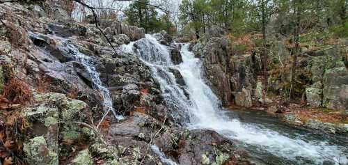 A cascading waterfall flows over rocky terrain, surrounded by lush greenery and autumn leaves.