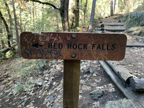 A weathered sign pointing to Red Rock Falls, surrounded by trees and a forested path.