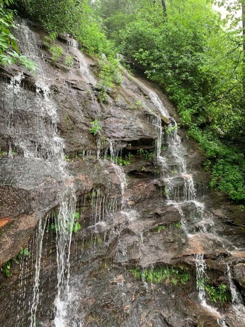 A serene waterfall cascading down rocky terrain, surrounded by lush green foliage.