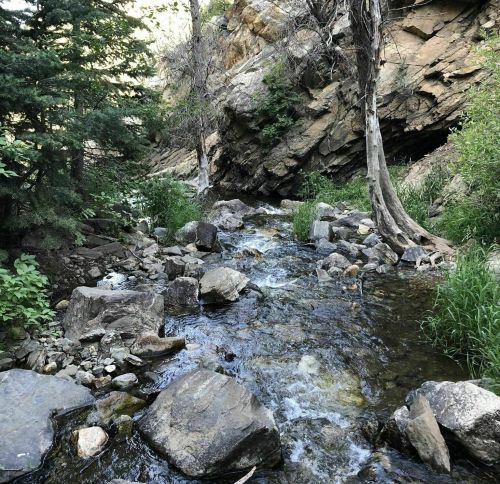 A serene stream flows through rocky terrain, surrounded by lush greenery and steep, rugged cliffs.