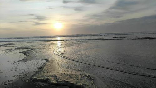 Sunset over a calm beach, with gentle waves lapping at the shore and a cloudy sky reflecting soft light.