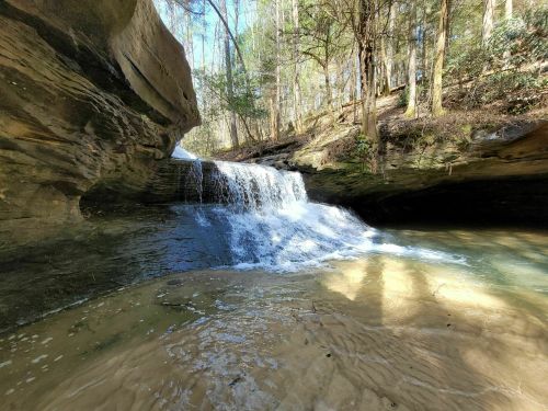 A serene waterfall cascades over rocks into a clear pool, surrounded by lush trees and sunlight filtering through.