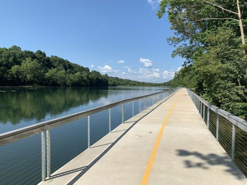 A serene pathway along a calm river, surrounded by lush greenery and a clear blue sky.