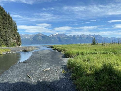 A serene landscape featuring a river winding through grassy fields, with mountains and a blue sky in the background.