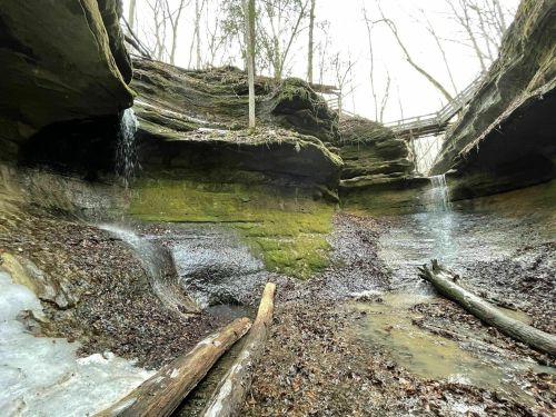 A serene landscape featuring moss-covered rock formations, small waterfalls, and a forested area in the background.