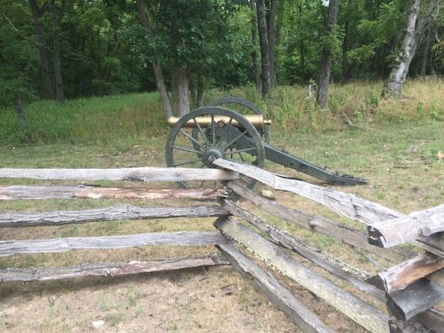 A historic cannon positioned near a wooden fence in a grassy area surrounded by trees.