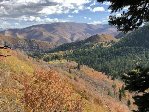 A scenic view of mountains and valleys with autumn foliage under a partly cloudy sky.