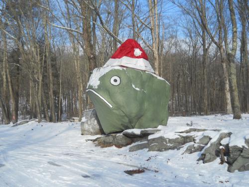 A large rock painted like a fish, wearing a red Santa hat, surrounded by snow and trees in winter.