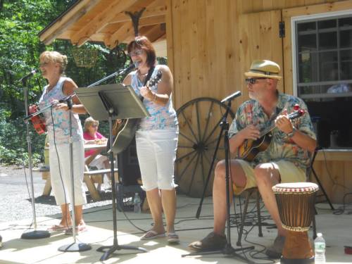 Three musicians perform outdoors, playing guitar, mandolin, and percussion, with a wooden cabin in the background.