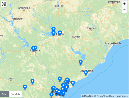 Map of South Carolina showing various locations marked with blue pins, including cities like Columbia and Charleston.
