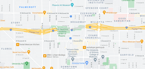 Map of downtown Phoenix, Arizona, showing streets, landmarks, and nearby attractions like the Japanese Friendship Garden.