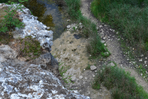 A rocky cliff edge overlooking a winding path beside a shallow stream surrounded by lush greenery.