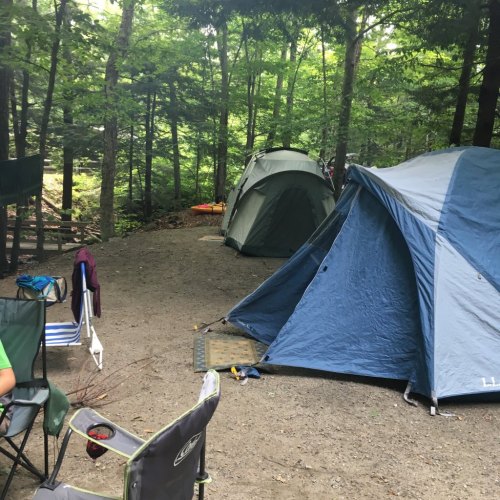 Two tents set up in a wooded campsite, with camping chairs nearby and a forested area in the background.