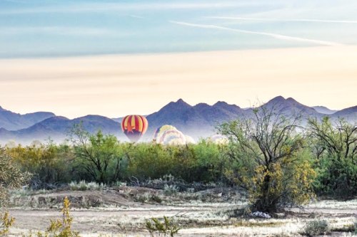 Colorful hot air balloons rise above a desert landscape with mountains in the background under a clear sky.