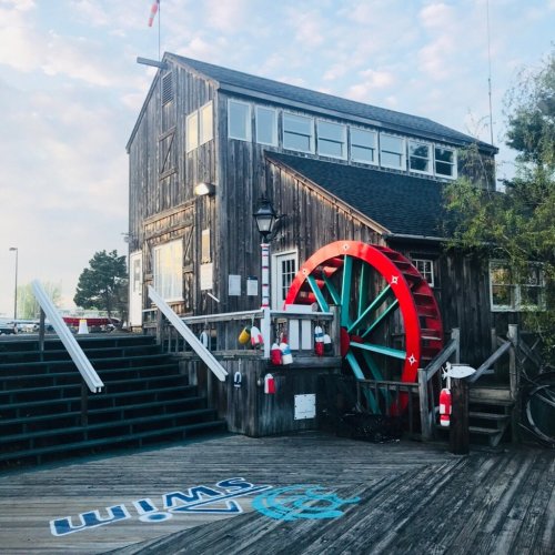 A wooden building with a large red paddle wheel, steps leading up, and colorful buoys on a dock.