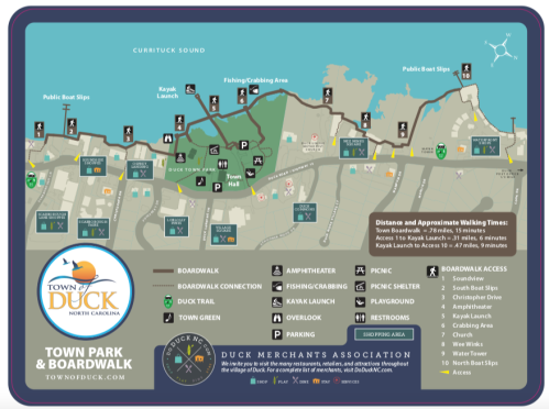 Map of Duck, North Carolina, showing parks, boardwalk, kayak launch areas, and walking paths with distance indicators.
