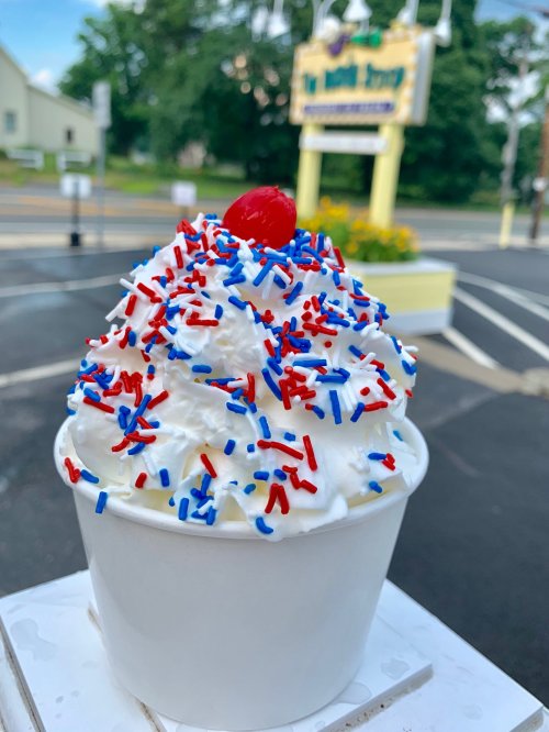 A cup of ice cream topped with whipped cream, red and blue sprinkles, and a cherry, set against a blurred background.
