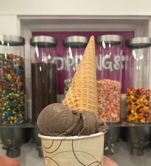 A hand holds a cup of chocolate ice cream topped with a cone, with colorful toppings in the background.