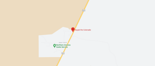 Map showing the location of "Kayak the Colorado" near Northern Arizona Guide Service along a highway.
