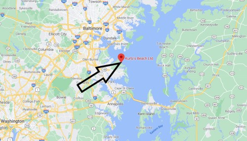 Map showing the location of Kurtz's Beach Ltd, near Baltimore, Maryland, with an arrow pointing to the site.