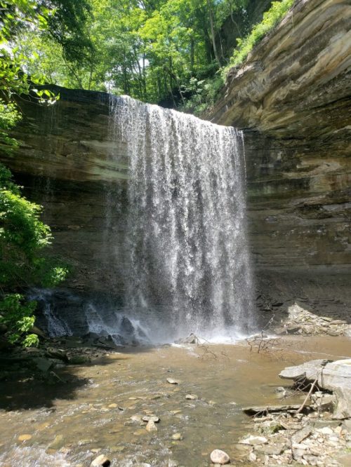 A serene waterfall cascading over a rocky cliff, surrounded by lush green trees and a calm river below.
