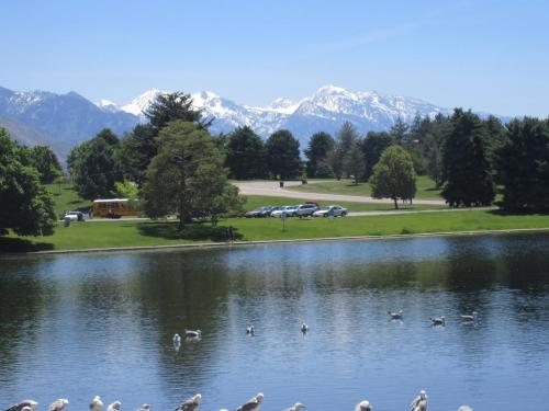 A serene lake reflects snowy mountains, surrounded by lush greenery and a distant parking area with a yellow bus.