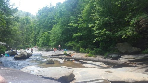 A serene river scene with people enjoying the water, surrounded by lush green trees and large rocks.