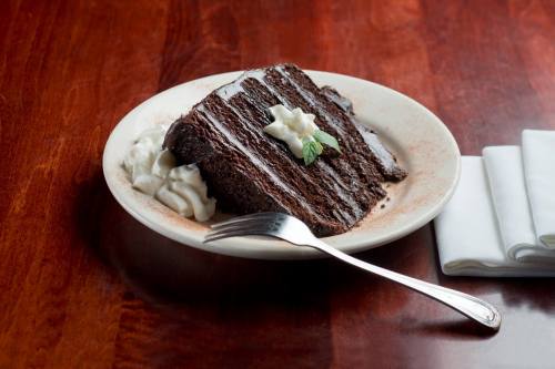 A slice of rich chocolate cake on a plate, garnished with whipped cream and a mint leaf, on a wooden table.