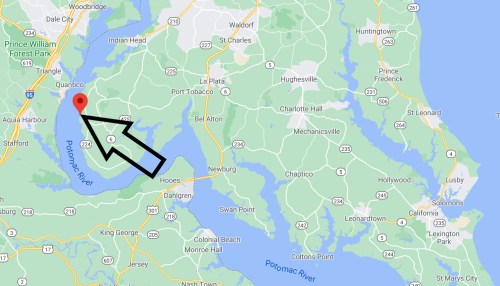 Map showing the Quantico area along the Potomac River, with a marked location indicated by an arrow.