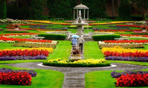 A couple walks through a vibrant garden filled with colorful flowers and a central fountain.