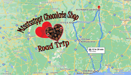Map showing a route for a road trip to a Mississippi chocolate shop, featuring a heart with chocolates.