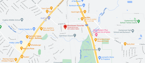 Map of Burleson, Texas, highlighting Moontower Pizza Bar and nearby restaurants and landmarks.